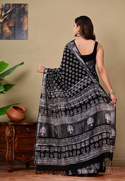 Block Printed Cotton linen Saree With Unstiched Blouse