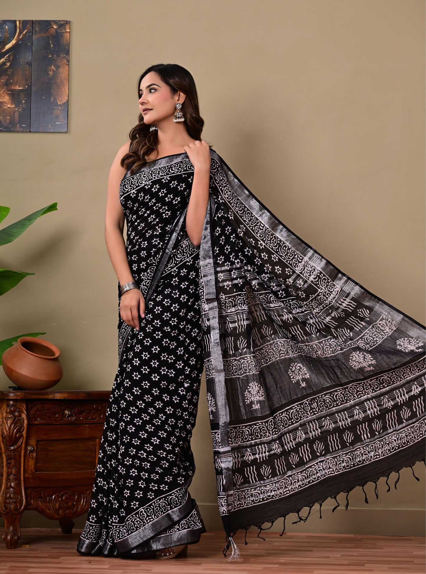 Block Printed Cotton linen Saree With Unstiched Blouse