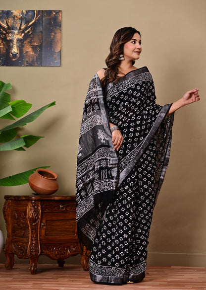 Block Printed Cotton linen Saree With Unstiched Blouse