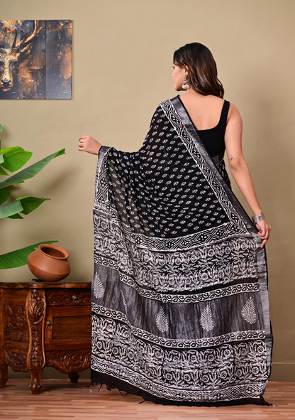 Block Printed Cotton linen Saree With Unstiched Blouse