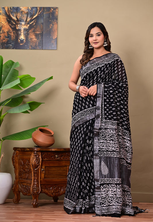 Block Printed Cotton linen Saree With Unstiched Blouse
