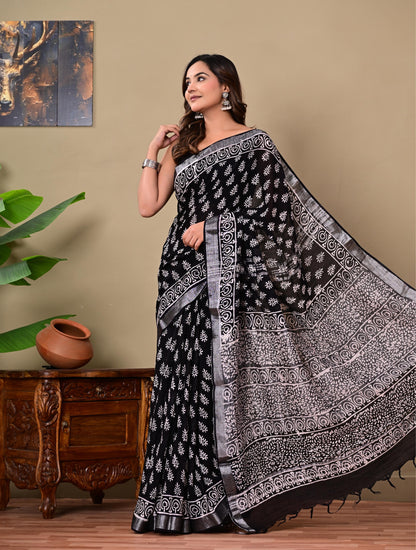 Block Printed Cotton linen Saree With Unstiched Blouse