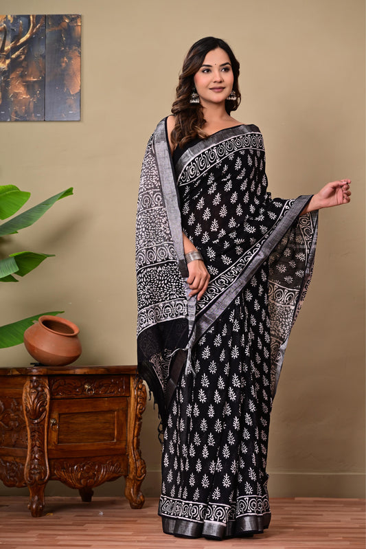 Block Printed Cotton linen Saree With Unstiched Blouse