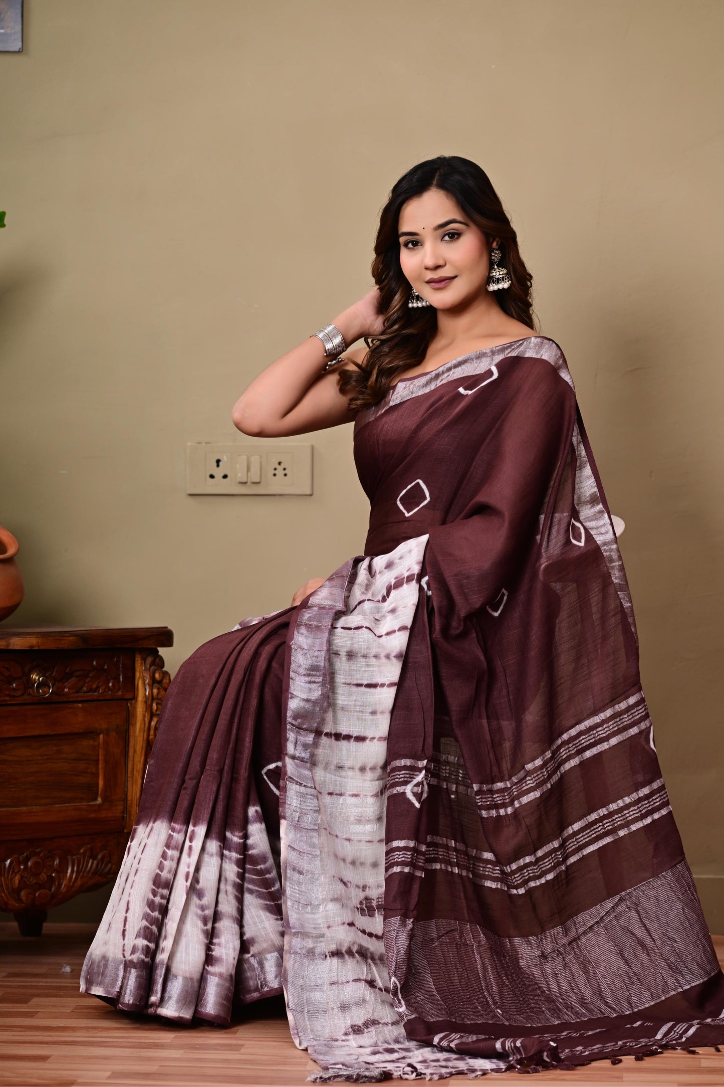 Block Printed Cotton linen Saree With Unstiched Blouse