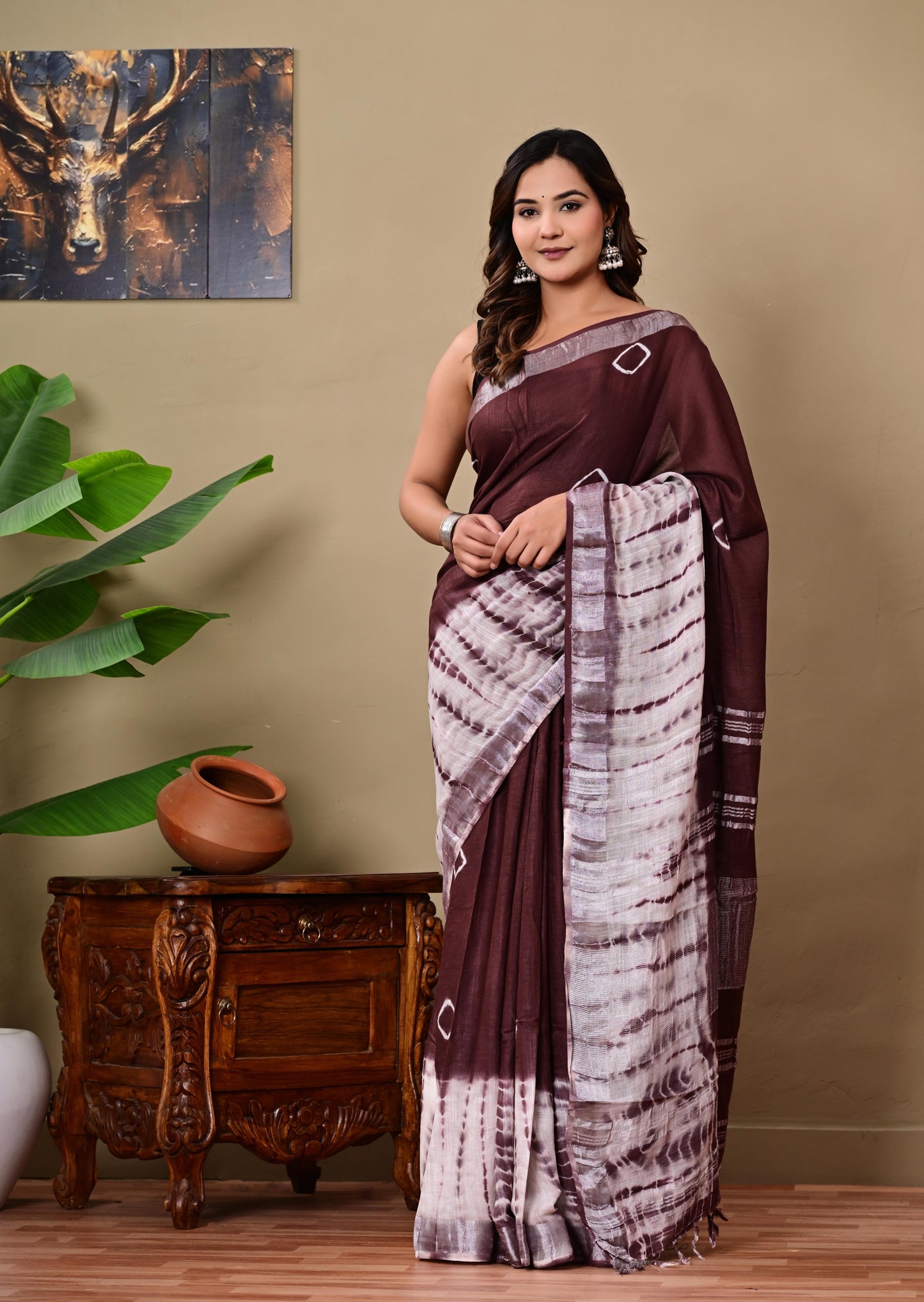 Block Printed Cotton linen Saree With Unstiched Blouse