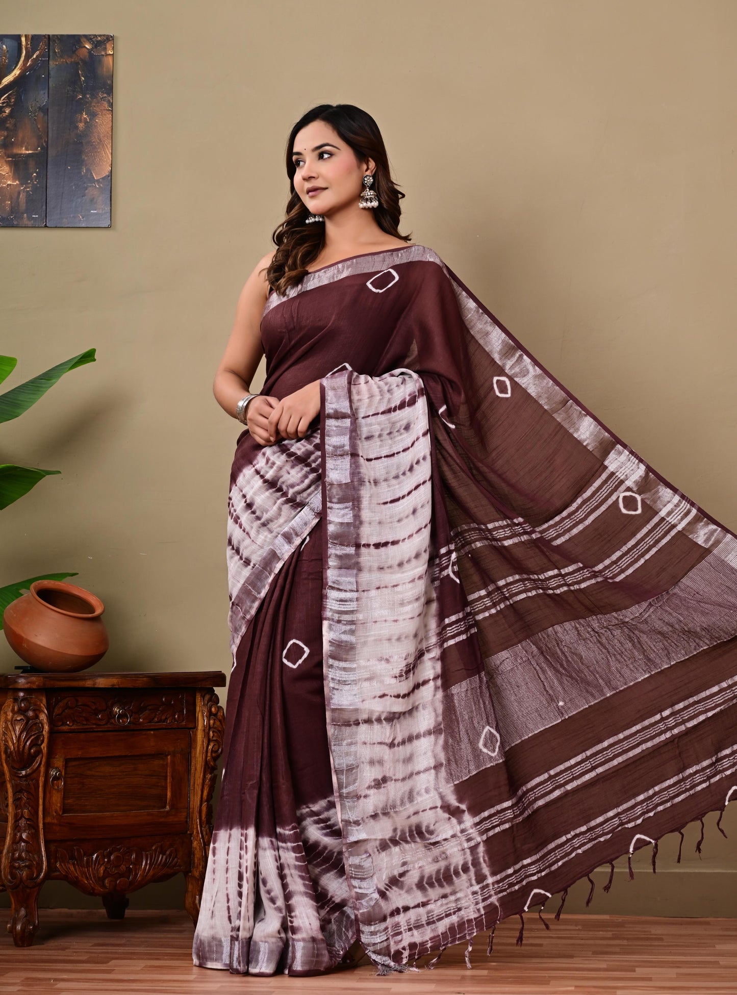 Block Printed Cotton linen Saree With Unstiched Blouse