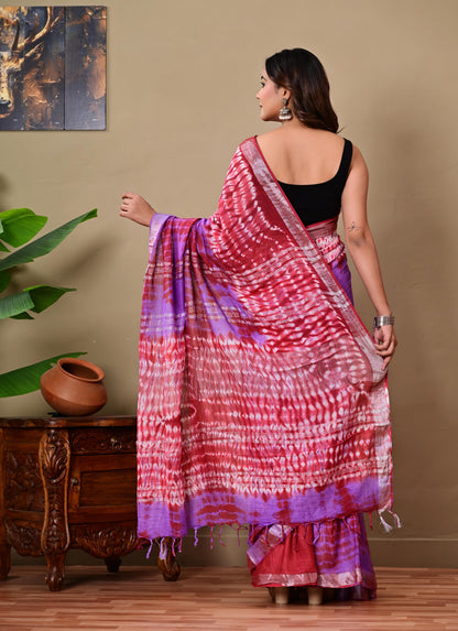 Block Printed Cotton linen Saree With Unstiched Blouse