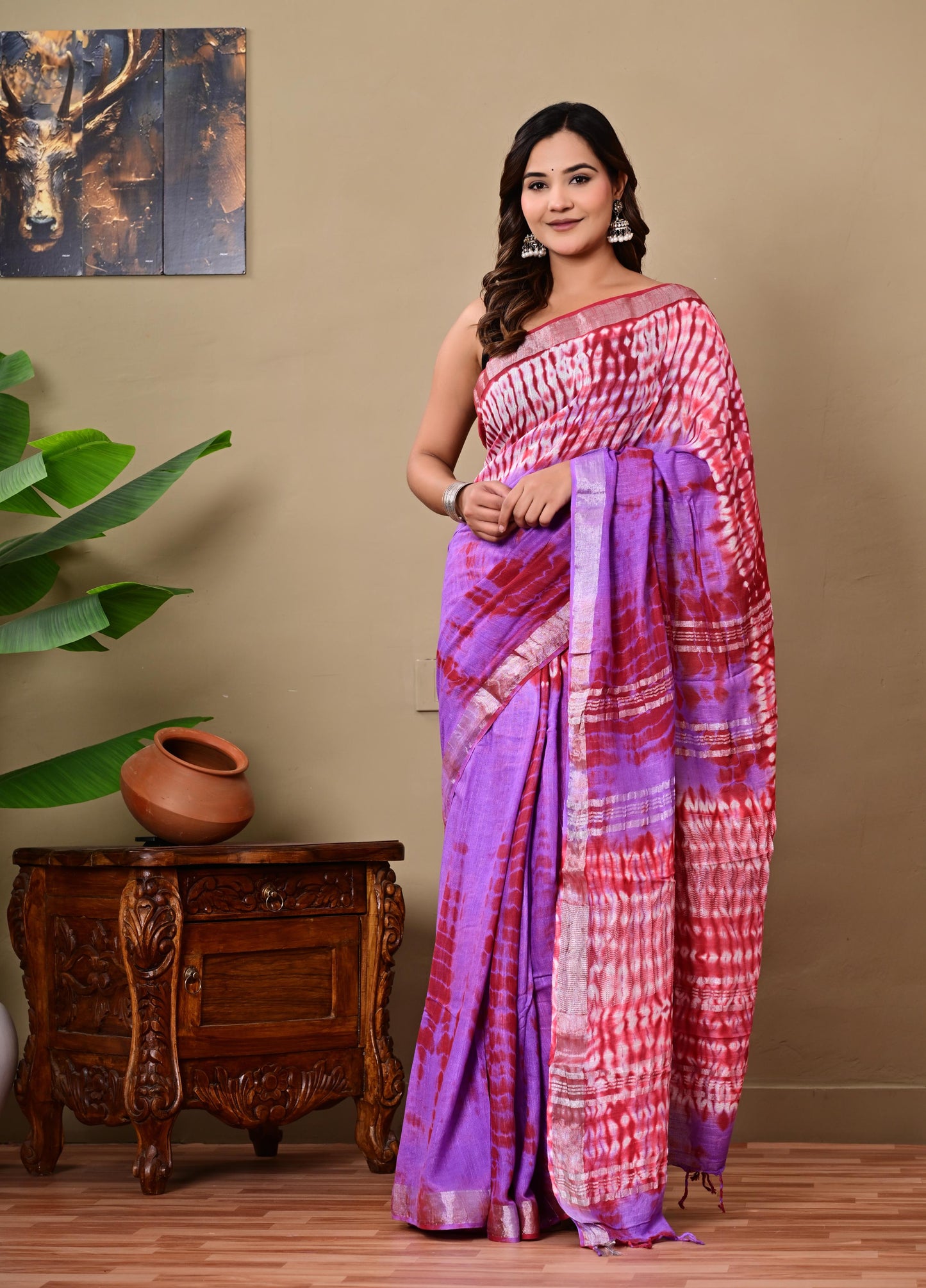 Block Printed Cotton linen Saree With Unstiched Blouse
