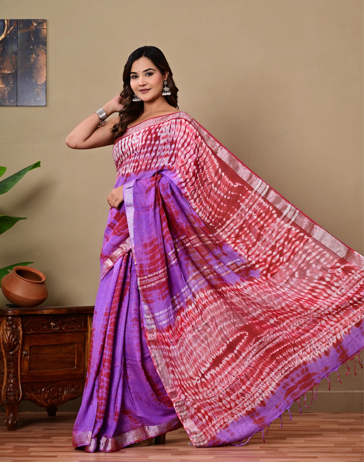 Block Printed Cotton linen Saree With Unstiched Blouse