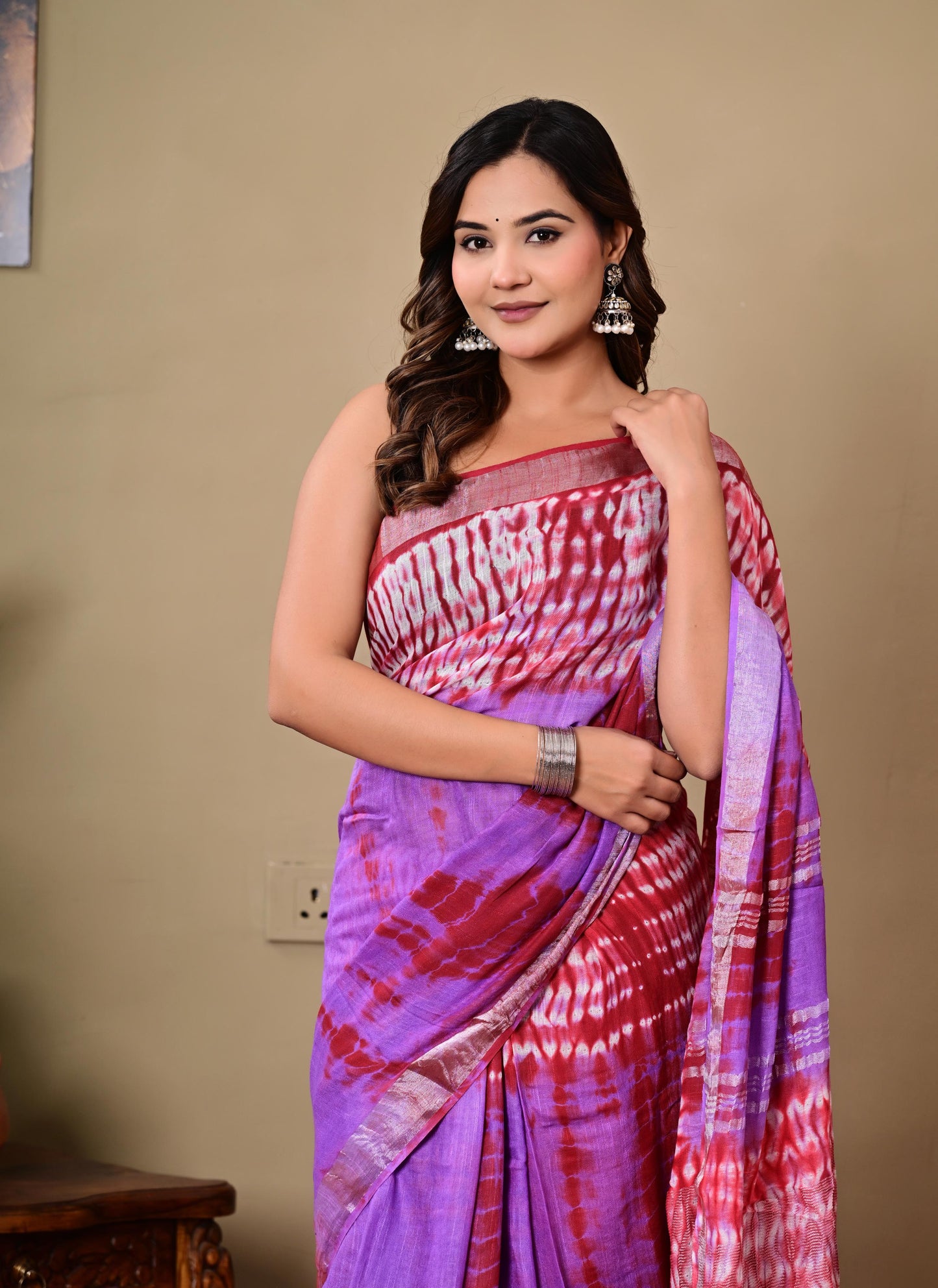 Block Printed Cotton linen Saree With Unstiched Blouse
