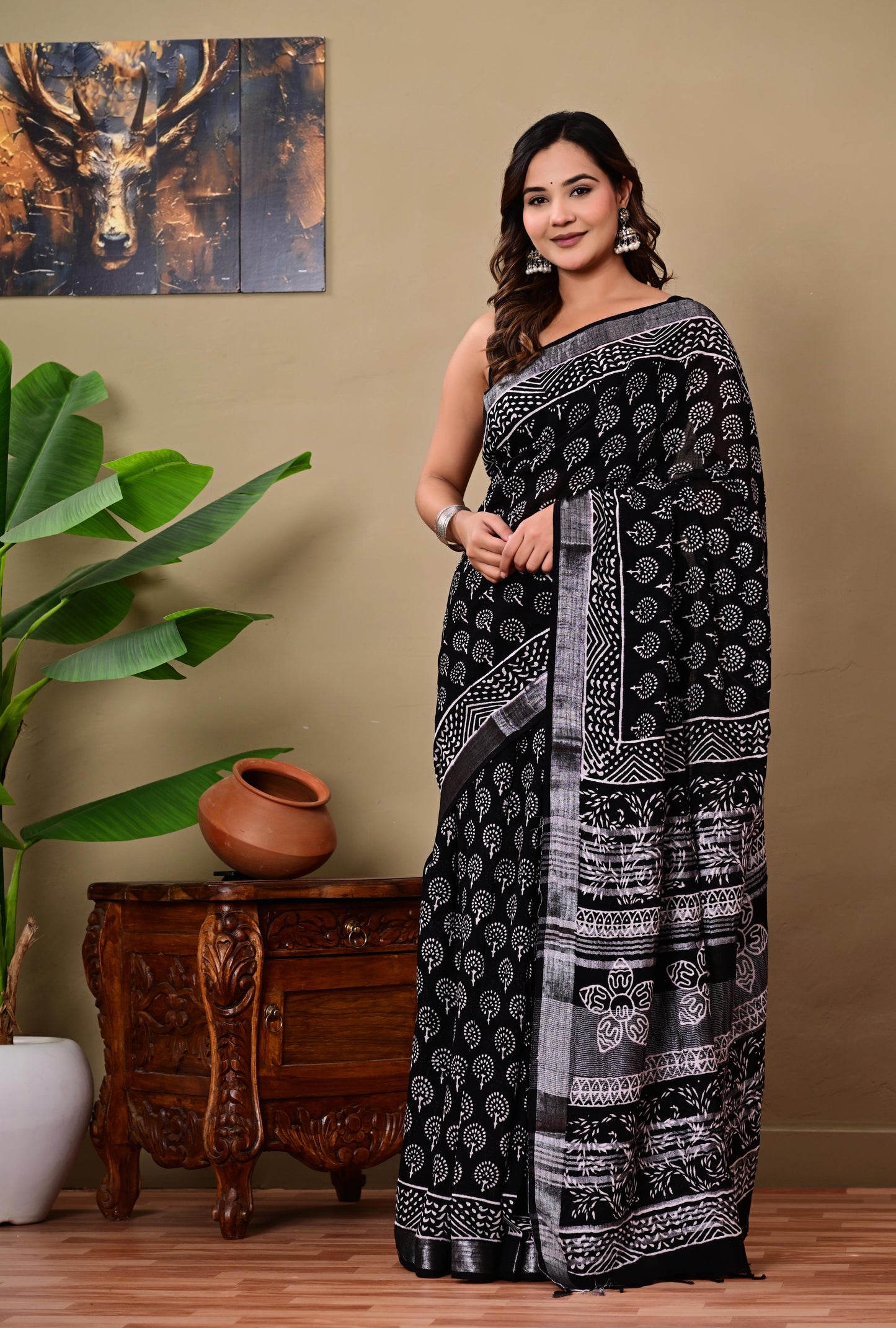 Block Printed Cotton linen Saree With Unstiched Blouse