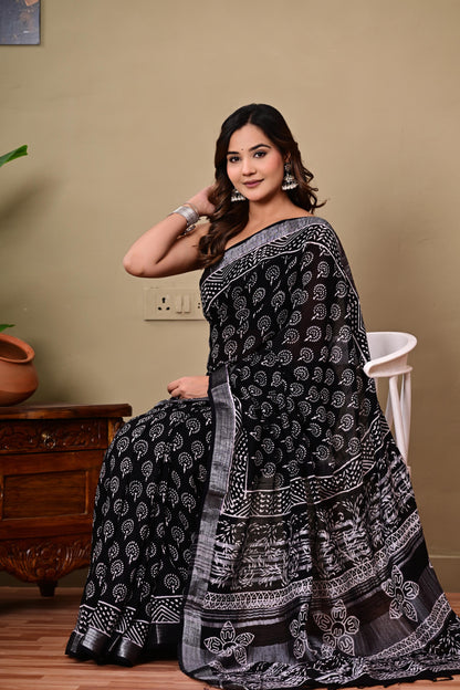 Block Printed Cotton linen Saree With Unstiched Blouse