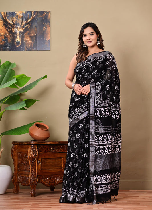 Block Printed Cotton linen Saree With Unstiched Blouse