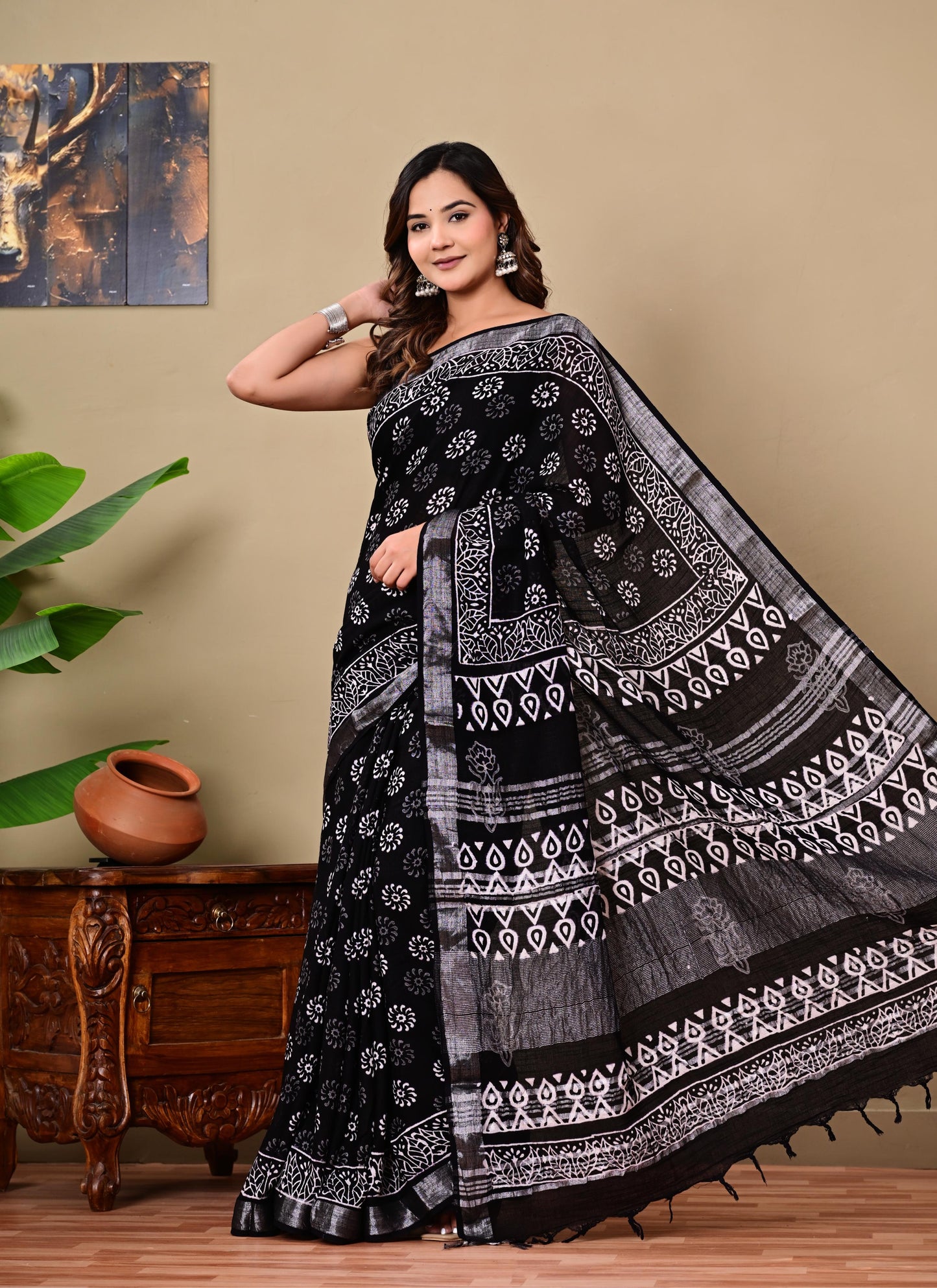 Block Printed Cotton linen Saree With Unstiched Blouse