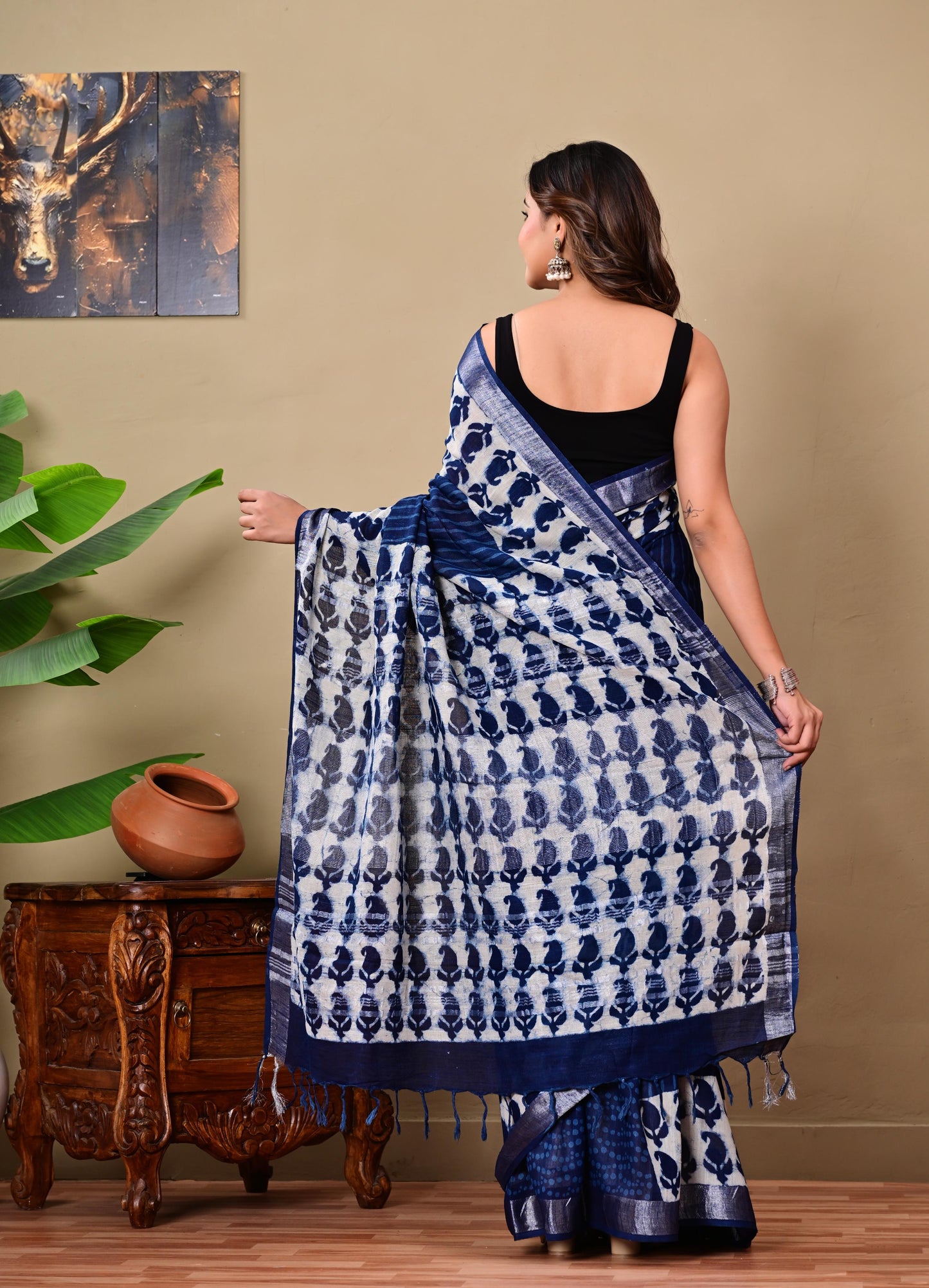 Block Printed Cotton linen Saree With Unstiched Blouse