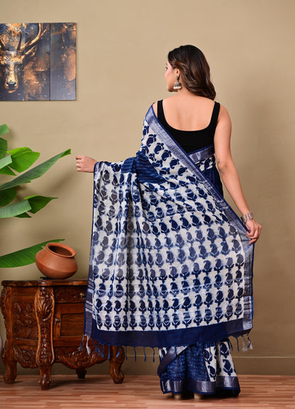 Block Printed Cotton linen Saree With Unstiched Blouse