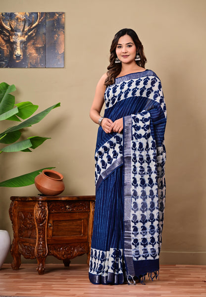 Block Printed Cotton linen Saree With Unstiched Blouse