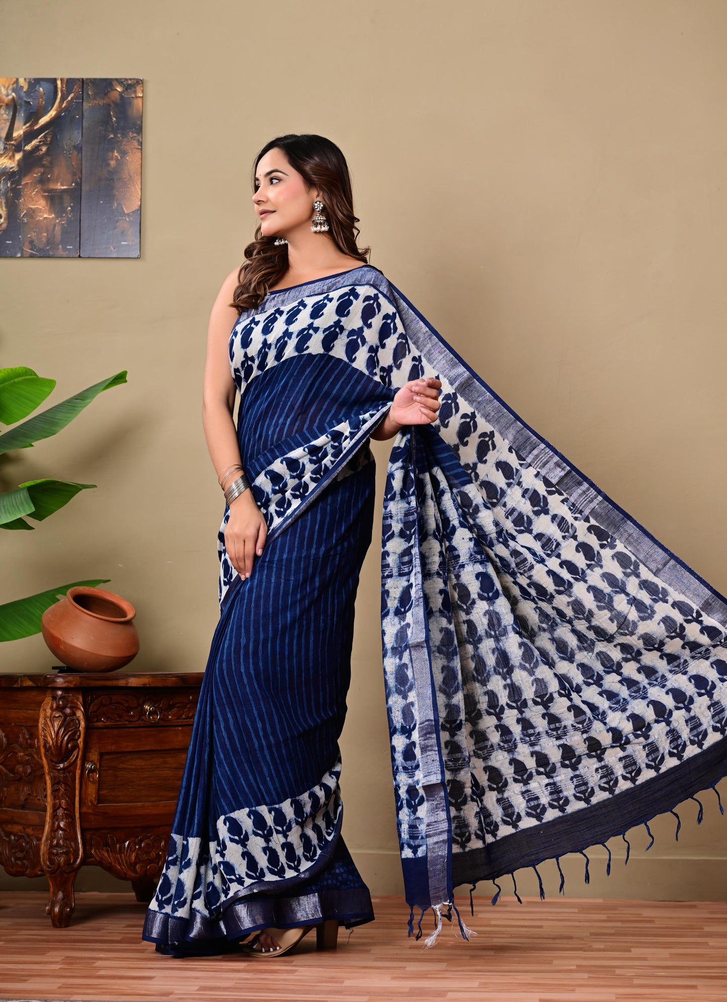 Block Printed Cotton linen Saree With Unstiched Blouse