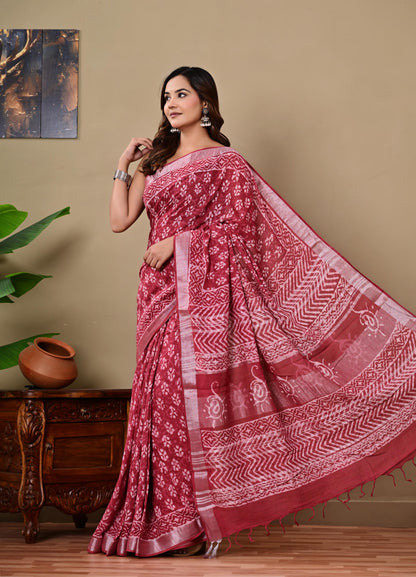Block Printed Cotton linen Saree With Unstiched Blouse