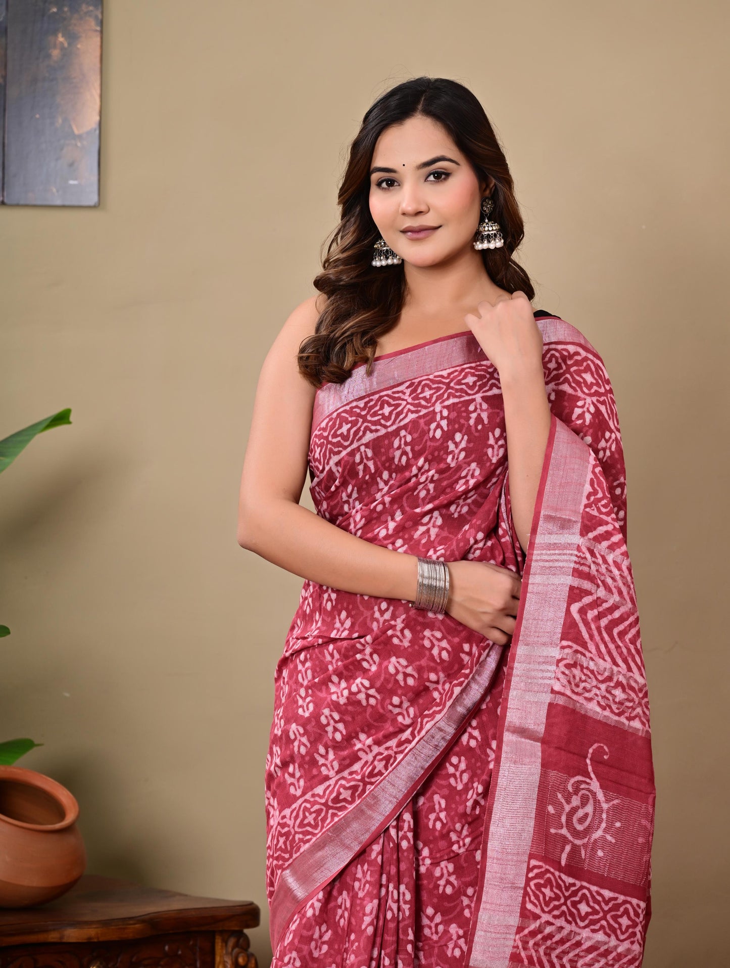 Block Printed Cotton linen Saree With Unstiched Blouse