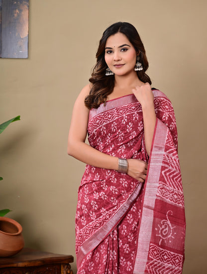 Block Printed Cotton linen Saree With Unstiched Blouse