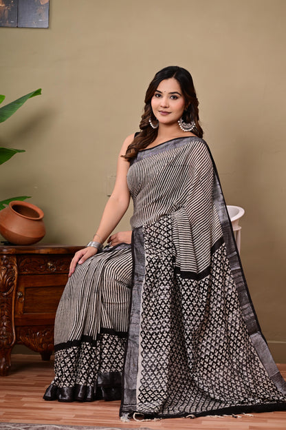 Block Printed Cotton linen Saree With Unstiched Blouse
