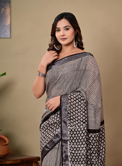 Block Printed Cotton linen Saree With Unstiched Blouse