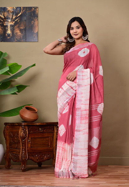 Block Printed Cotton linen Saree With Unstiched Blouse
