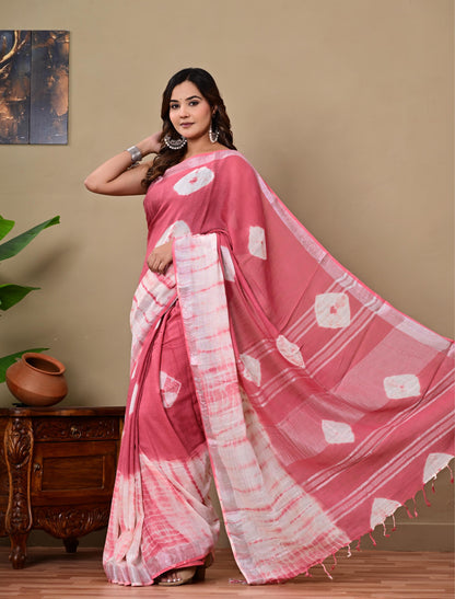 Block Printed Cotton linen Saree With Unstiched Blouse