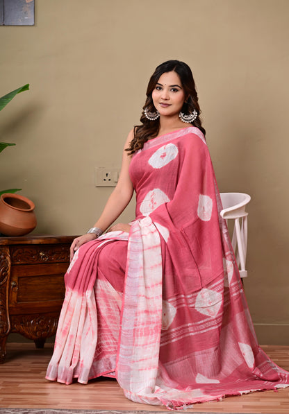 Block Printed Cotton linen Saree With Unstiched Blouse
