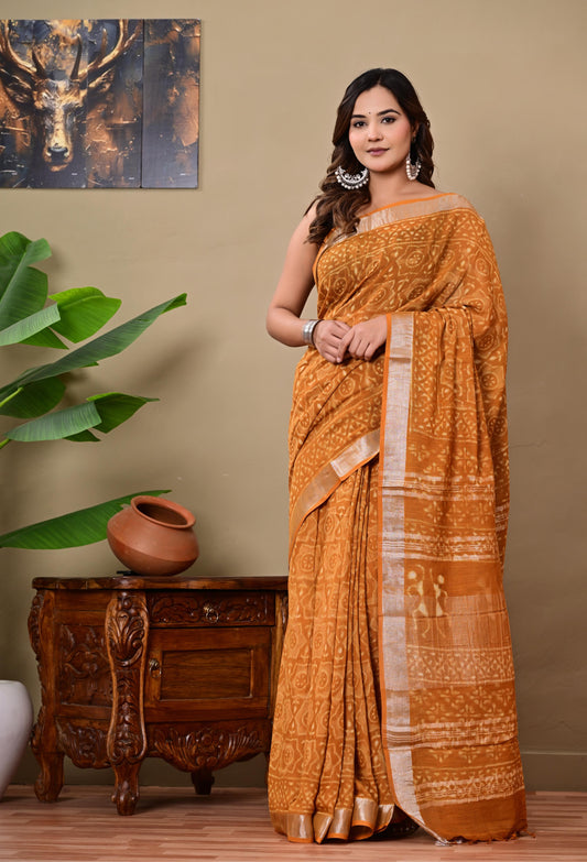Block Printed Cotton linen Saree With Unstiched Blouse