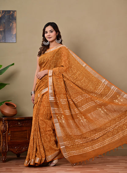 Block Printed Cotton linen Saree With Unstiched Blouse