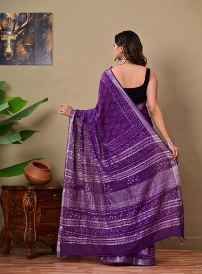 Block Printed Cotton linen Saree With Unstiched Blouse