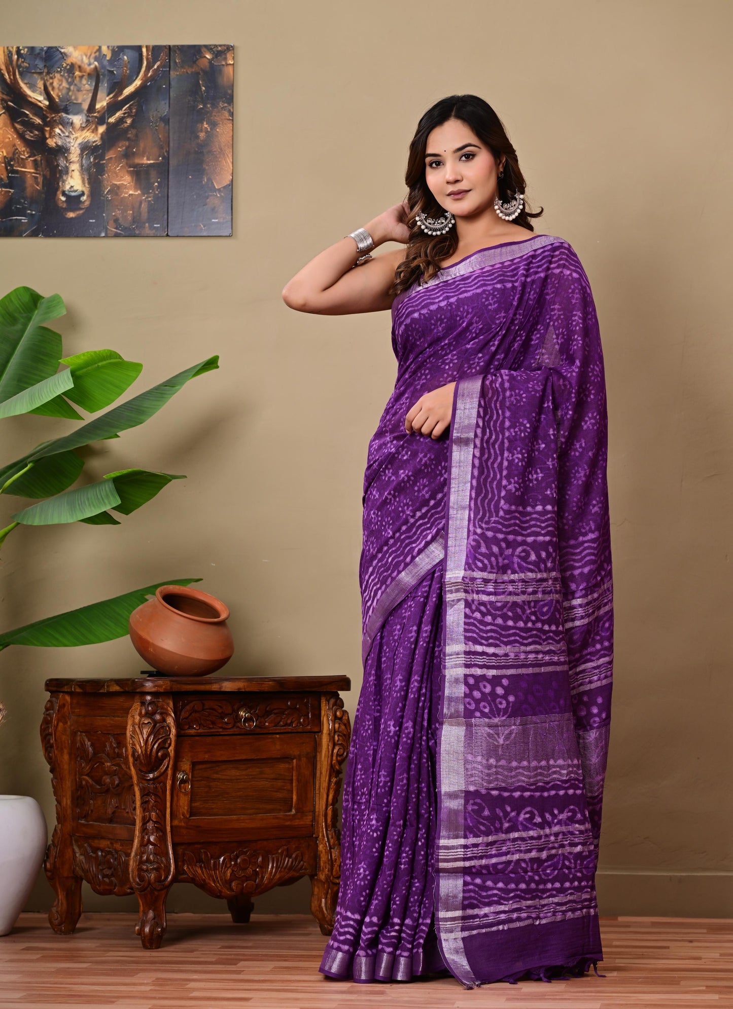 Block Printed Cotton linen Saree With Unstiched Blouse