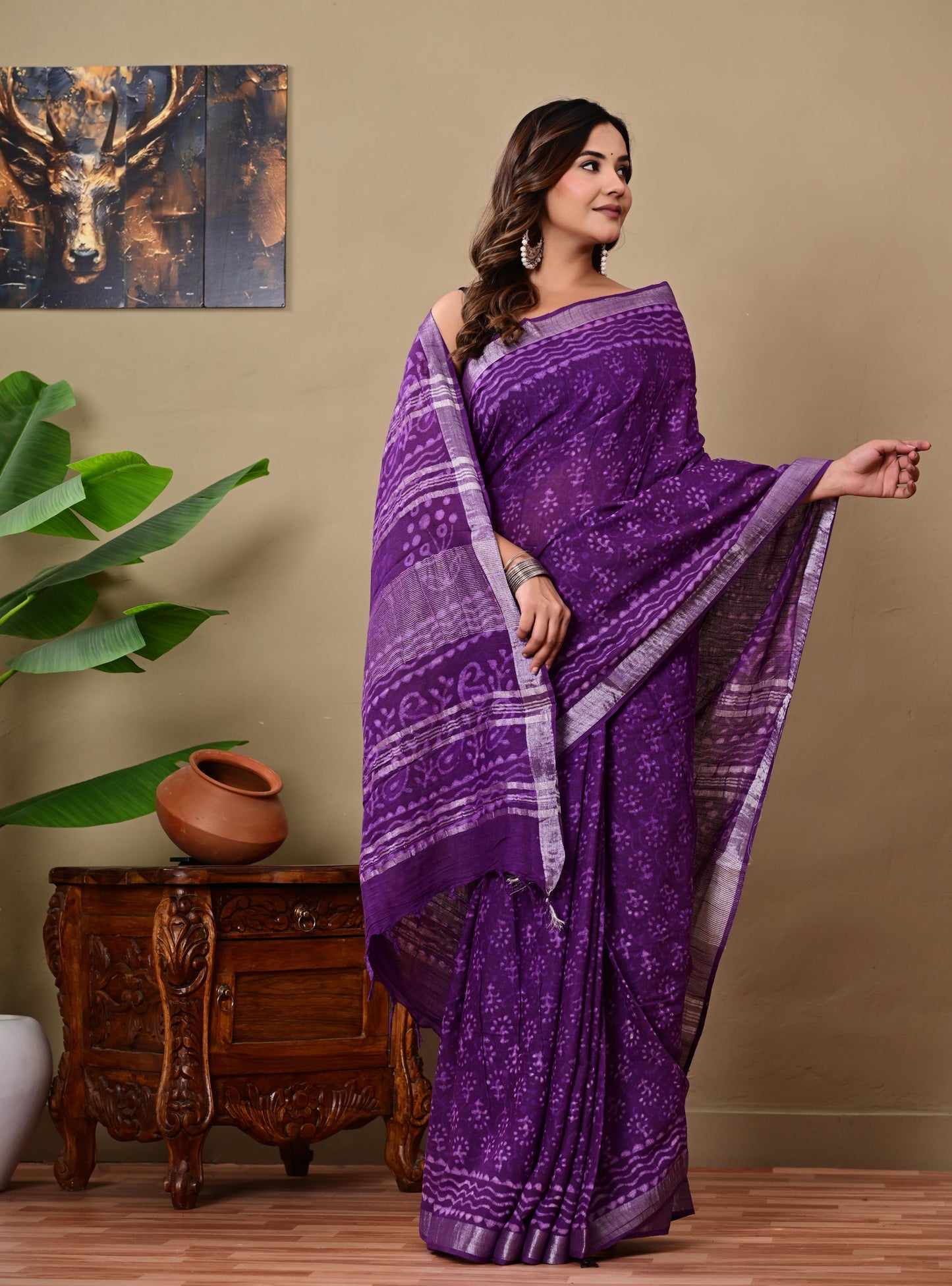 Block Printed Cotton linen Saree With Unstiched Blouse
