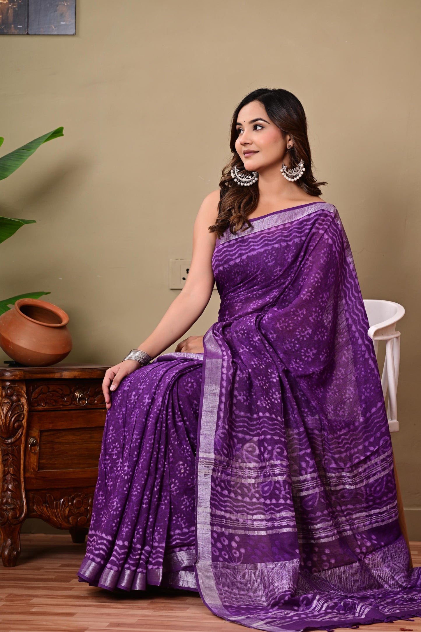 Block Printed Cotton linen Saree With Unstiched Blouse