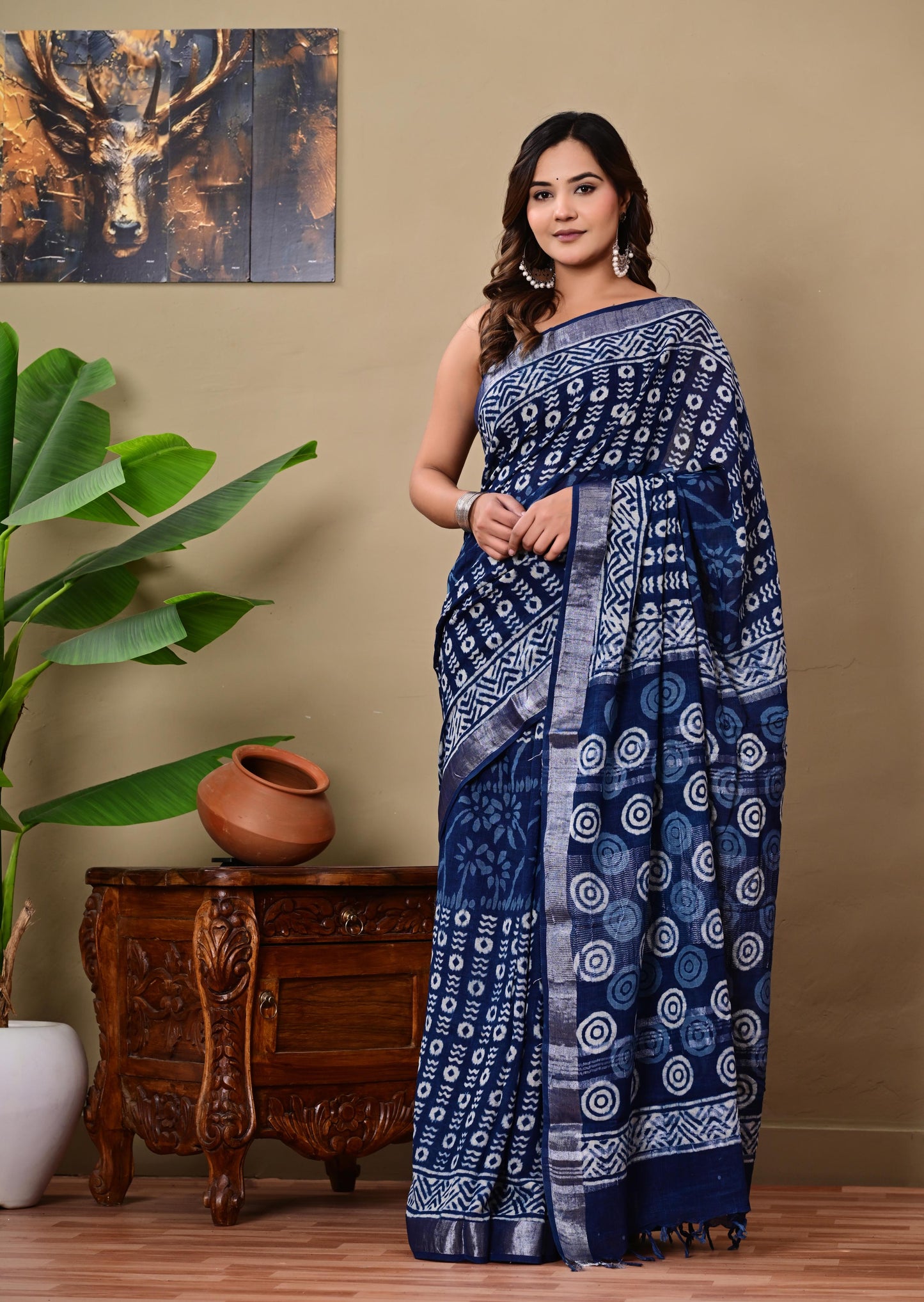 Block Printed Cotton linen Saree With Unstiched Blouse