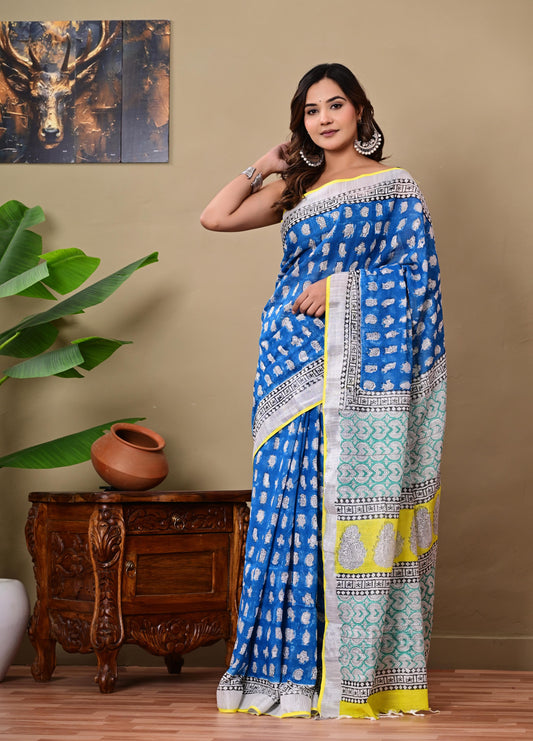 Block Printed Cotton linen Saree With Unstiched Blouse