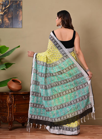 Block Printed Cotton linen Saree With Unstiched Blouse