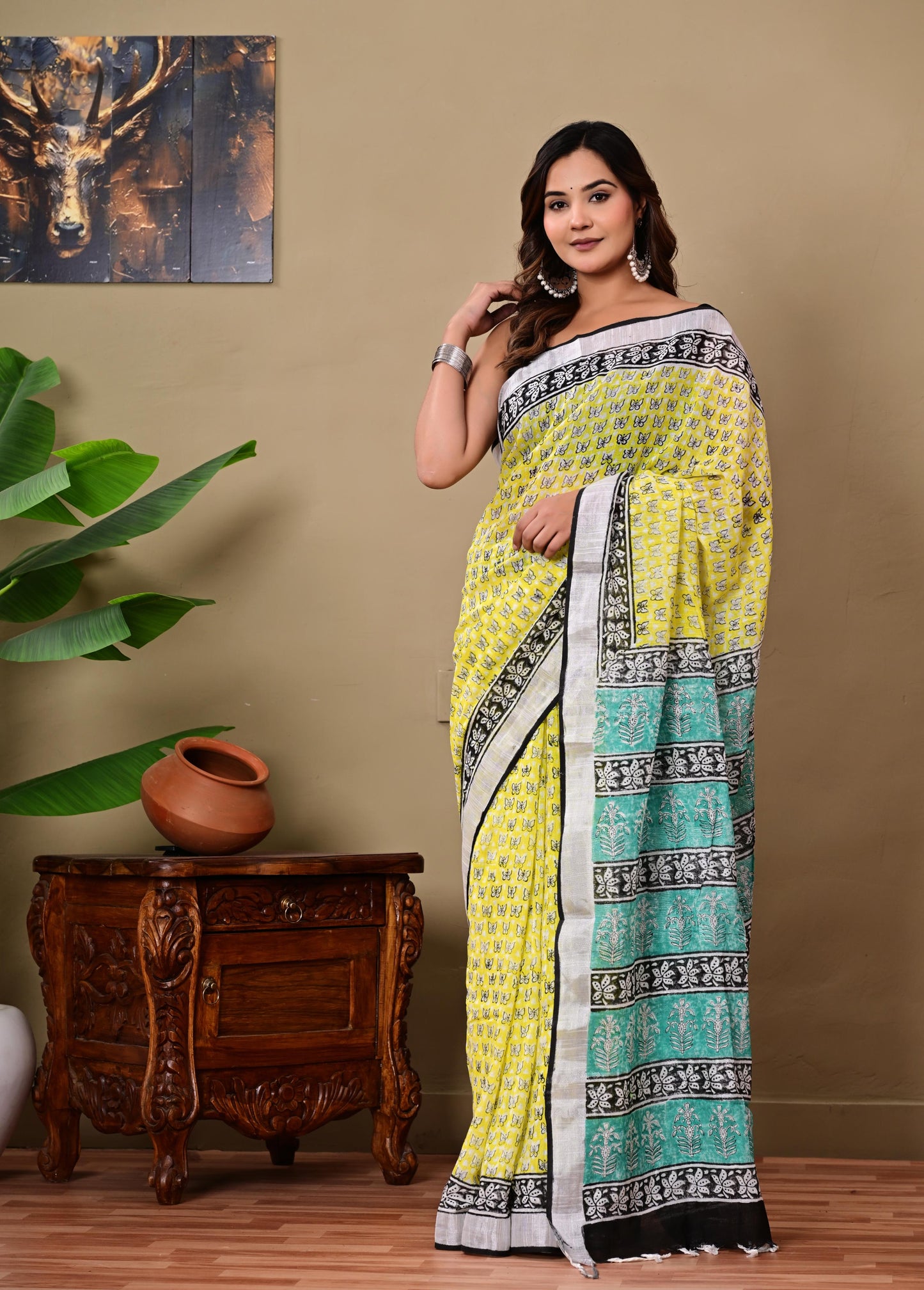 Block Printed Cotton linen Saree With Unstiched Blouse