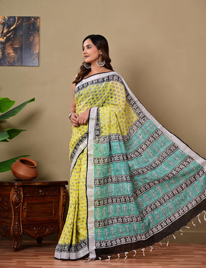 Block Printed Cotton linen Saree With Unstiched Blouse