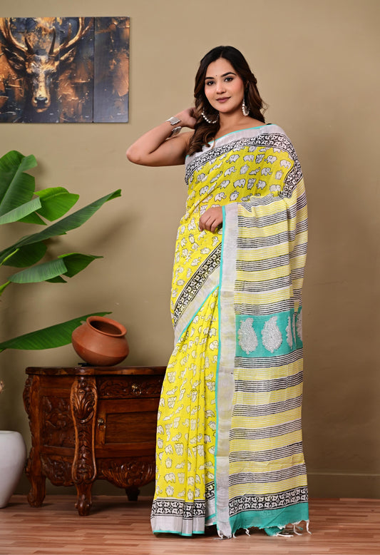 Block Printed Cotton linen Saree With Unstiched Blouse