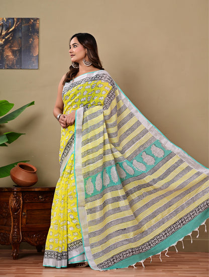 Block Printed Cotton linen Saree With Unstiched Blouse