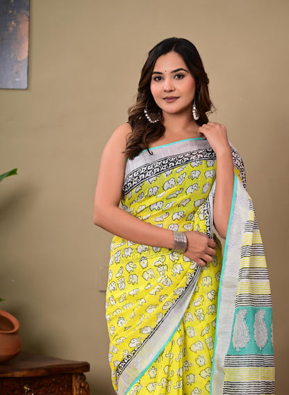 Block Printed Cotton linen Saree With Unstiched Blouse