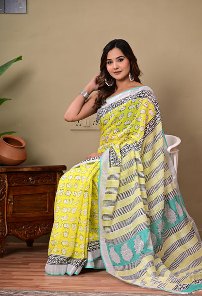 Block Printed Cotton linen Saree With Unstiched Blouse