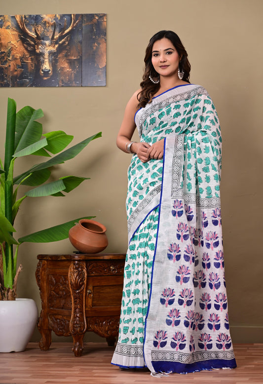 Block Printed Cotton linen Saree With Unstiched Blouse