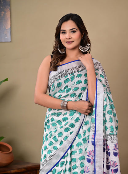 Block Printed Cotton linen Saree With Unstiched Blouse