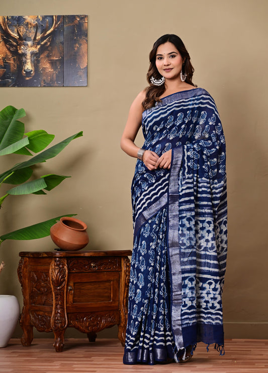 Block Printed Cotton linen Saree With Unstiched Blouse