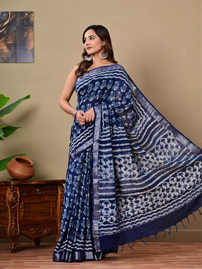 Block Printed Cotton linen Saree With Unstiched Blouse