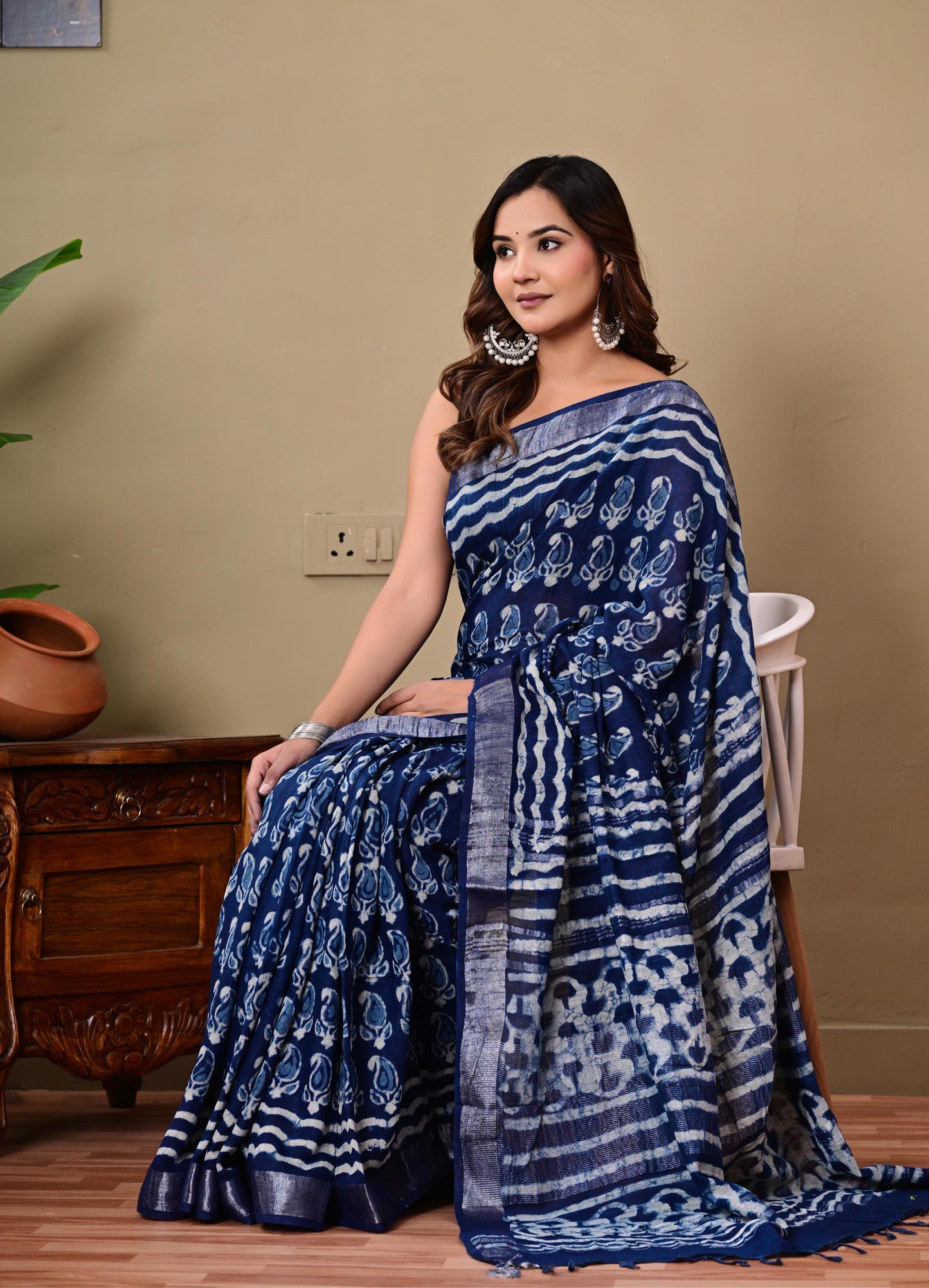 Block Printed Cotton linen Saree With Unstiched Blouse